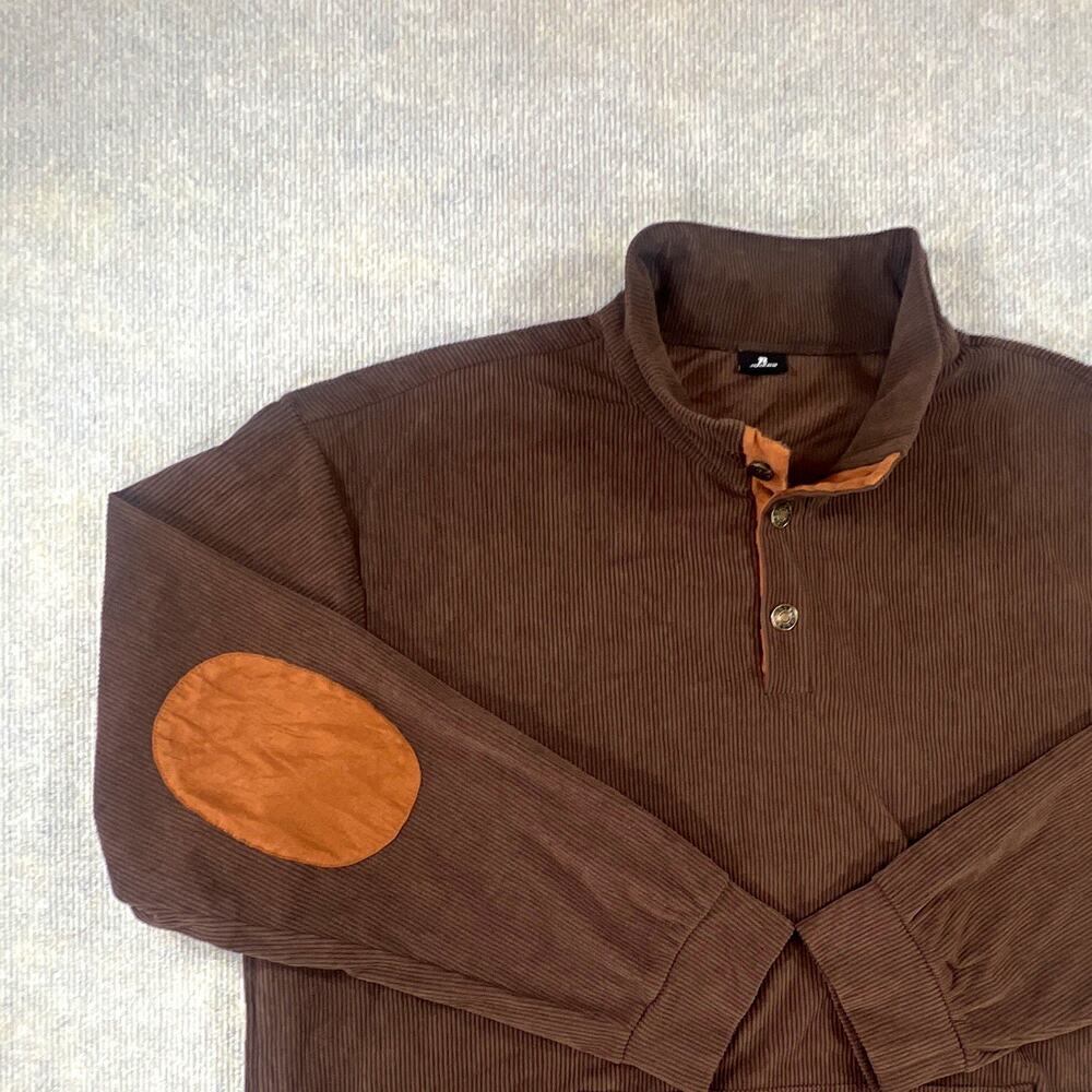 JMIERR Corduroy Mock Neck Pullover Sweater Brown Solid Button Accent Men